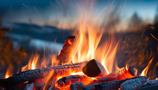 Chiudere le fiamme rosse e arancioni e le scintille fuoco ardente tronchi fuoco di campo paesaggio naturale