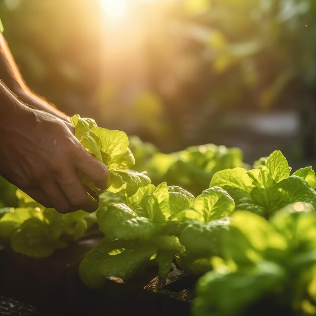 Chiudere le mani dell'agricoltore nel giardino idroponico durante la mattina AI generativa