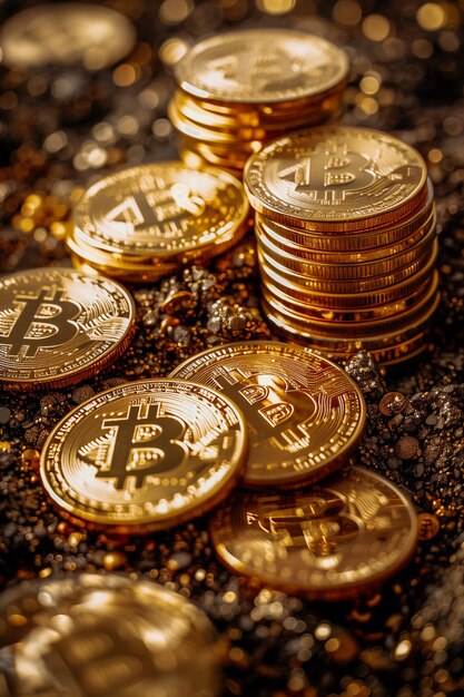 Chiudere le pile d'oro di criptovaluta Bitcoin sfondo finanziario e monetario