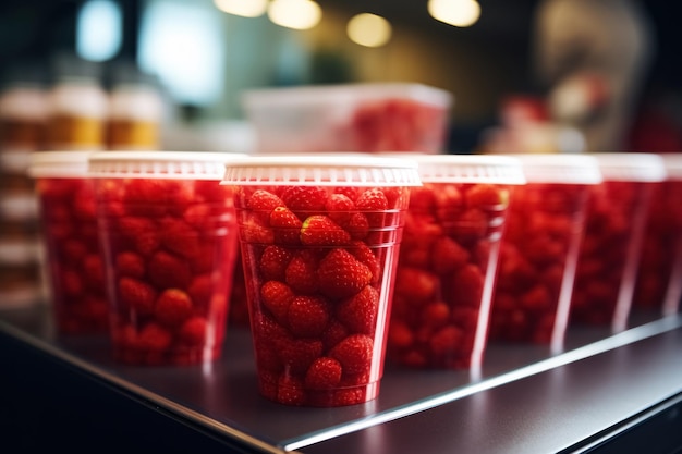 Chiudere le tazze di plastica le fragole sul bancone del negozio pronto per andare spuntino dalle bacche in vetro