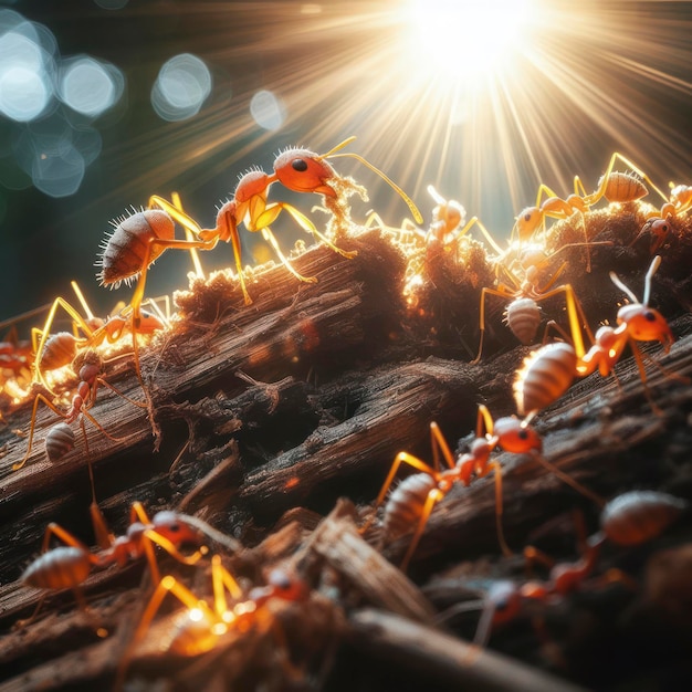 chiudere una formica su un tronco con la luce del sole che splende su di esso ai generativo