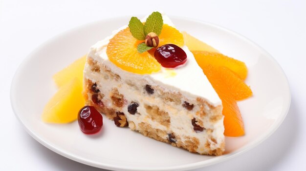 Chiudere una piccola torta con frutta e panna montata su un piatto bianco Cupcake di panetteria AI generativa