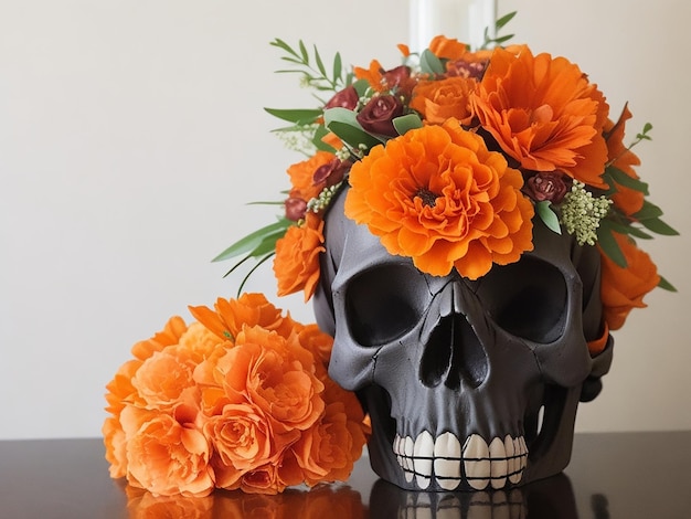 chiudete il cranio con un bouquet di fiori d'arancia sul bancone idea per la decorazione del soggiorno di Halloween