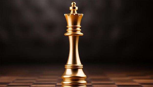 Chiudi il pezzo di scacchi della regina d'oro in piedi da solo su una scacchiera sullo sfondo scuro Leader