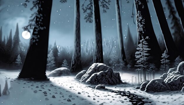 chiusura illuminata dalla luna in una foresta di sequoie di notte con rocce coperte di neve e ombre di luna