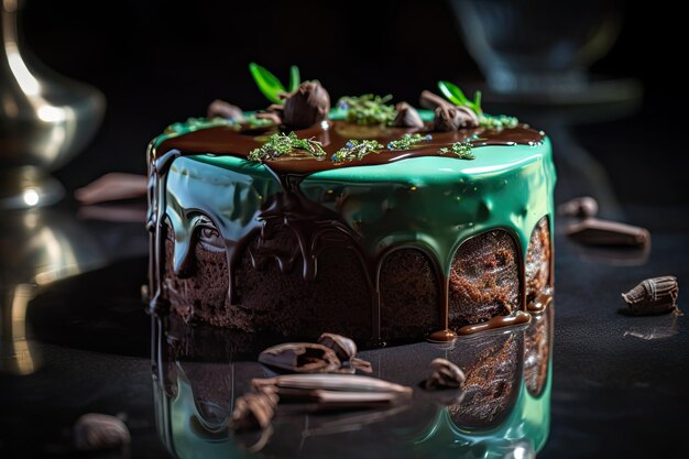 Chocolate Mint Cake Green Glazed Pastry Holiday Tart Mint Cake Dessert Abstract Generative AI Illustration (Illustrazione generativa di IA)