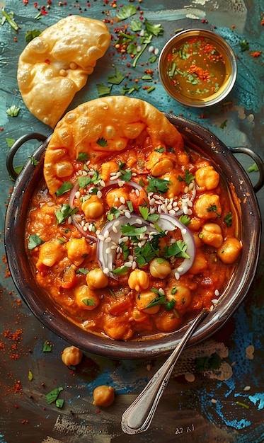 Chole Bhature Tangy Chickpea Curry e pane fritto Decorazione Illustrazione Cibi Bevande Saggi indiani