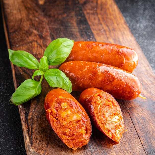 chorizo salsiccia piccante carne spuntino pasto cibo spuntino sul tavolo copia spazio cibo sfondo top vew