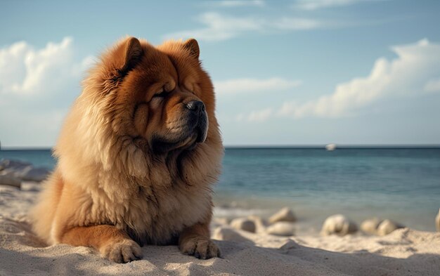 Chow Chow è seduto sulla spiaggia professionale pubblicità post foto ai generato