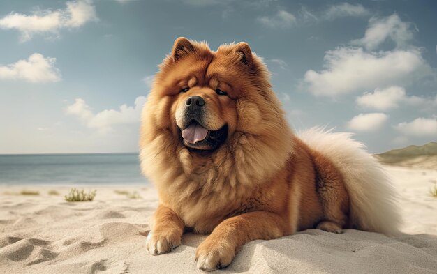 Chow Chow è seduto sulla spiaggia professionale pubblicità post foto ai generato