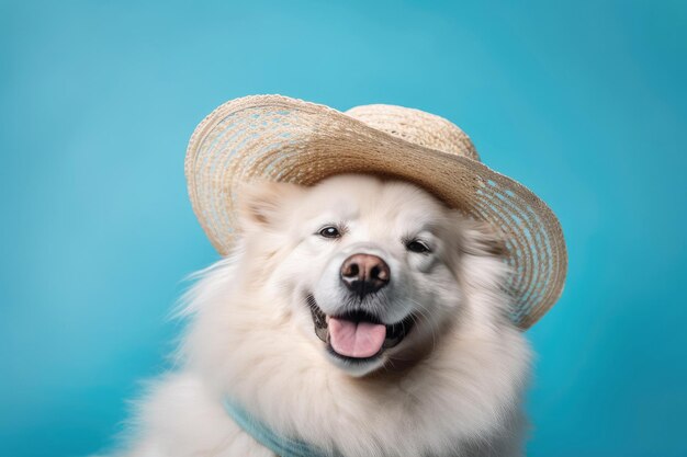 Chow chow in cappello di paglia su sfondo blu