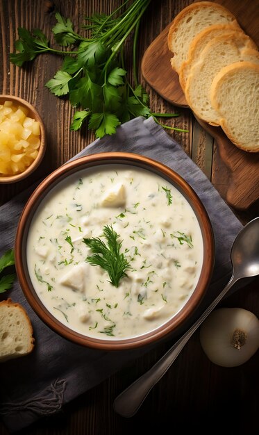 Chowder su uno sfondo di legno Focalizzazione selettiva