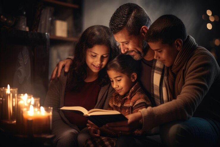 Christian family reading Bible and praying together
