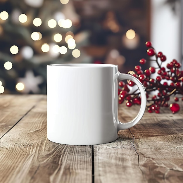 Christmas Elegance Blank White Mug Mockup in un ambiente festivo