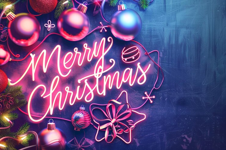 Christmas greeting card featuring the neon words Merry Christmas and colored Christmas decorations