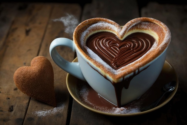Churro a forma di cuore che galleggia in una tazza di cioccolata calda creata con l'IA generativa