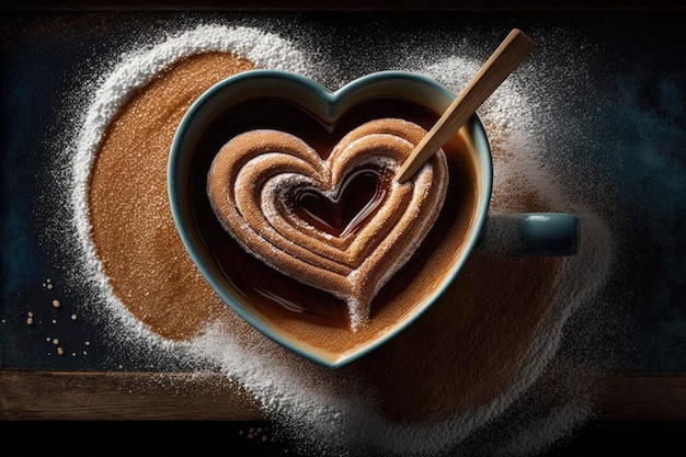 Churros a forma di cuore che galleggiano in una tazza di cioccolata calda con marshmallow creati con l'IA generativa