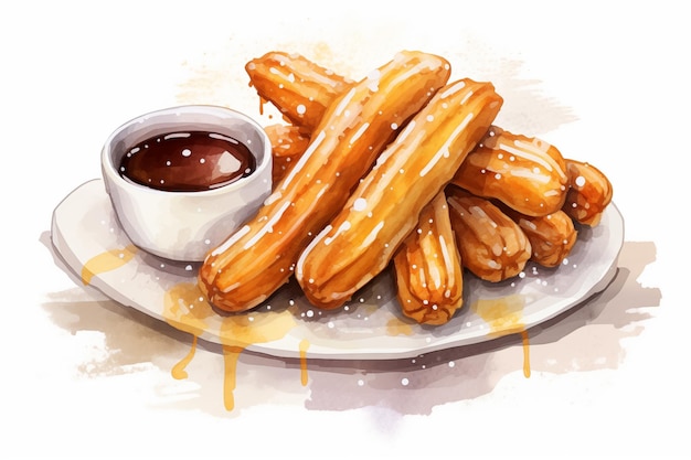 Churros ad acquerello con salsa di cioccolato su sfondo bianco Cibo tradizionale messicano latinoamericano