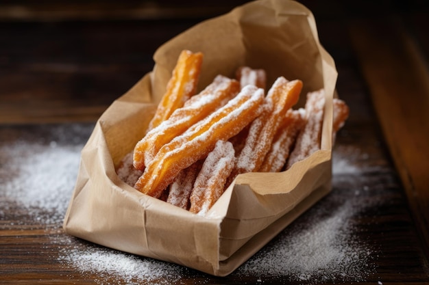 Churros dolci tradizionali spagnoli con bastoncini caldi freschi di zucchero soffiato in un sacchetto di carta