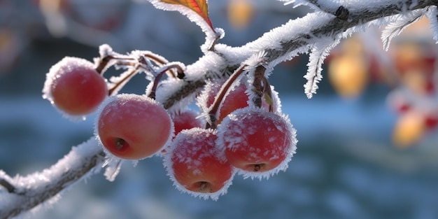 Ci sono alcune mele rosse appese a un albero coperto di neve generativa ai
