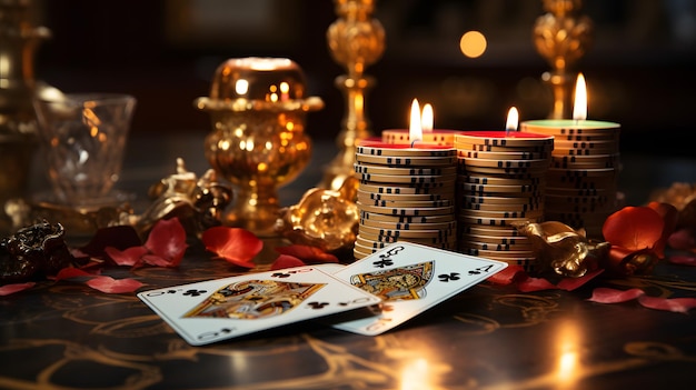 Ci sono candele e carte da gioco su un tavolo con decorazioni d'oro.