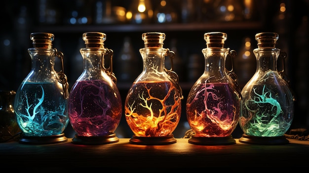 ci sono cinque bottiglie di vetro con liquido di colore diverso al loro interno generativo ai