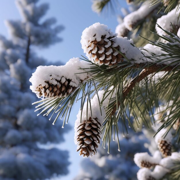 Ci sono delle coni di pino appese a un ramo d'albero generativo ai