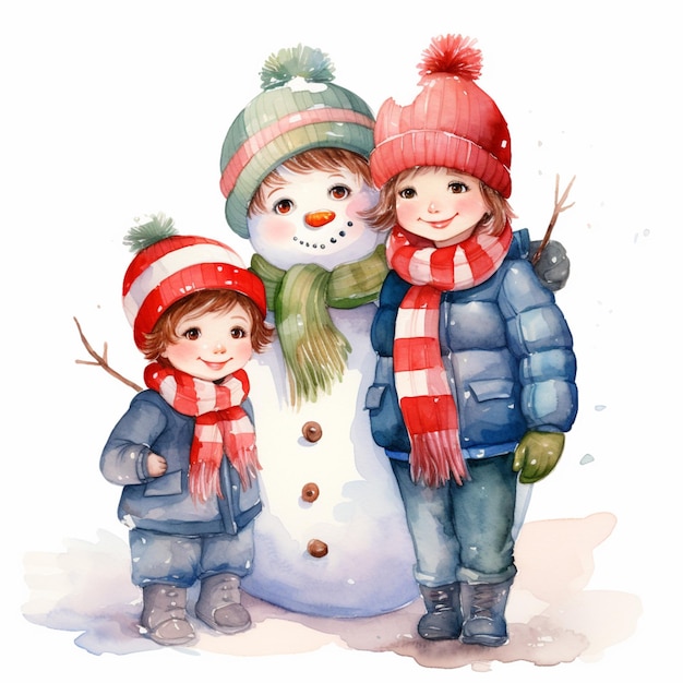 Ci sono due bambini in piedi accanto a un pupazzo di neve che indossa cappelli generativi ai