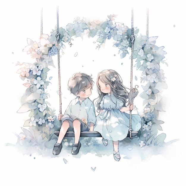 ci sono due bambini seduti su un'altalena con fiori ai generati