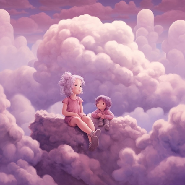 ci sono due bambini seduti su una collina coperta di nuvole che genera ai