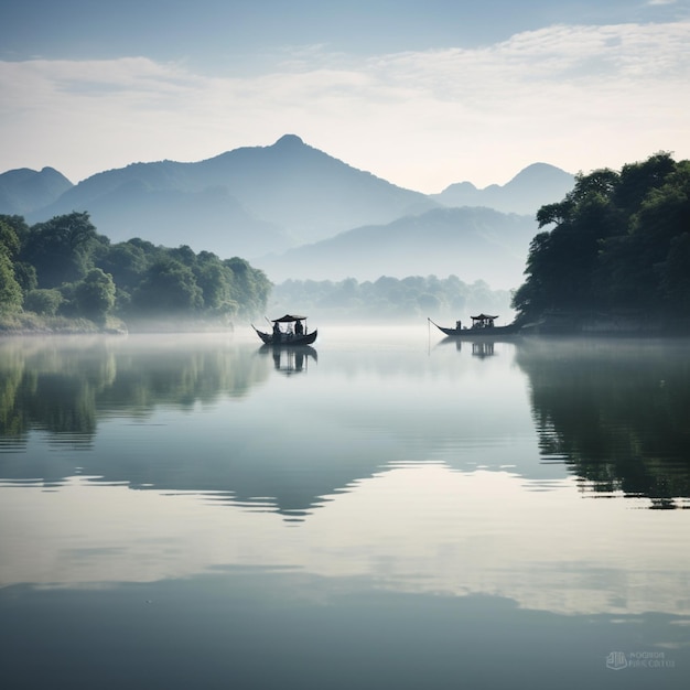 Ci sono due barche che galleggiano sull'acqua nella nebbia generativa ai