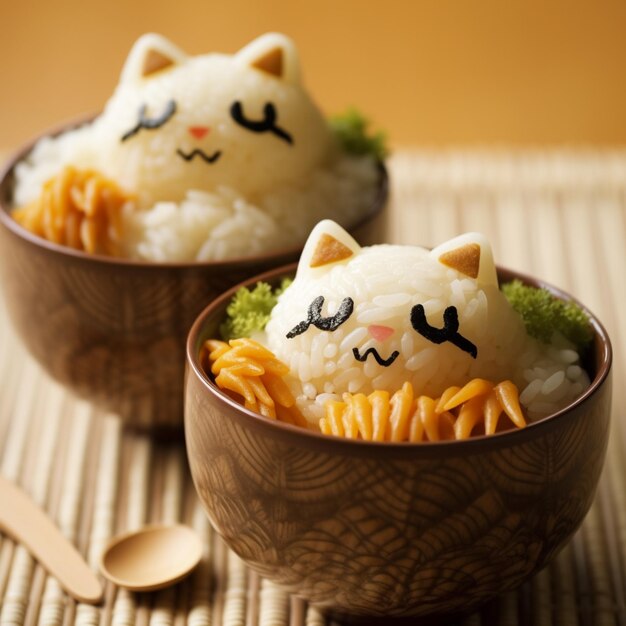 Ci sono due ciotole di riso con una faccia di gatto su di loro.