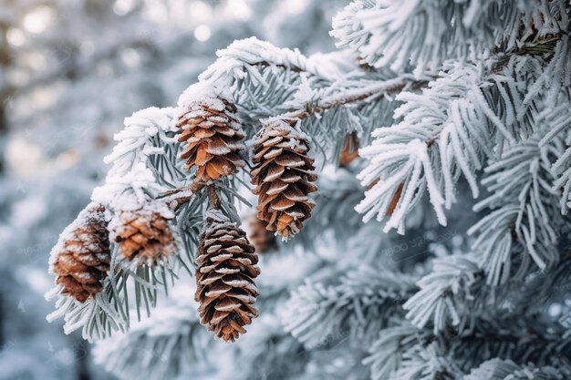 Ci sono due coni su un ramo d'albero coperto di neve generativa ai