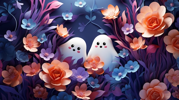 Ci sono due fantasmi bianchi in un campo di fiori generativo ai