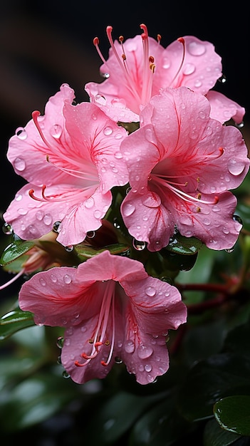 Ci sono due fiori rosa con gocce d'acqua su di loro generativo ai