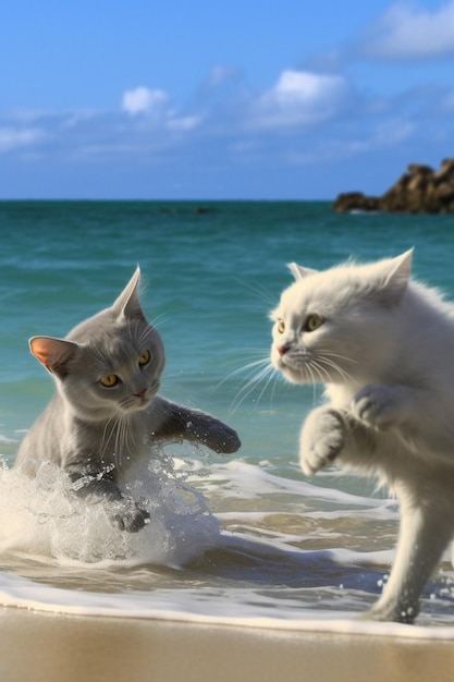 Ci sono due gatti che giocano in acqua sulla spiaggia.