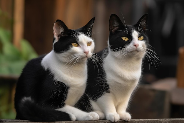 Ci sono due gatti seduti su una panchina che guardano la fotocamera generativa ai