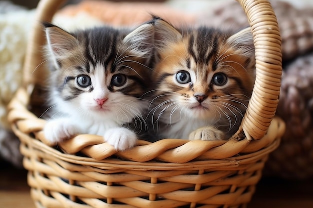 Ci sono due gattini seduti in un cesto su un tavolo generativo ai
