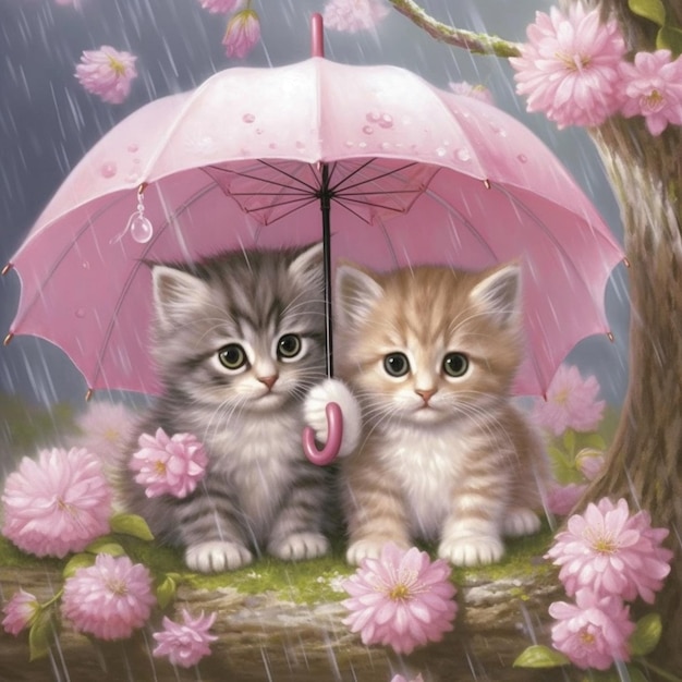 ci sono due gattini sotto l'ombrellone sotto la pioggia ai generativa