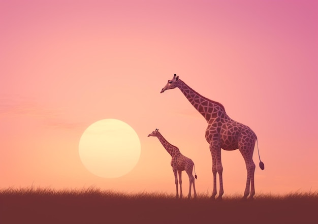 ci sono due giraffe in piedi in un campo al tramonto ai generativo