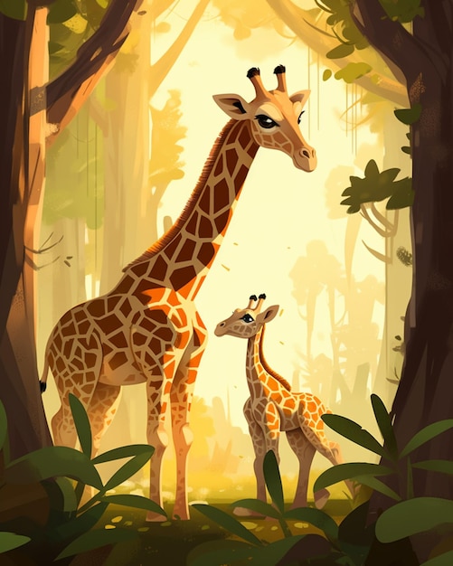 Ci sono due giraffe in piedi nei boschi insieme generative ai