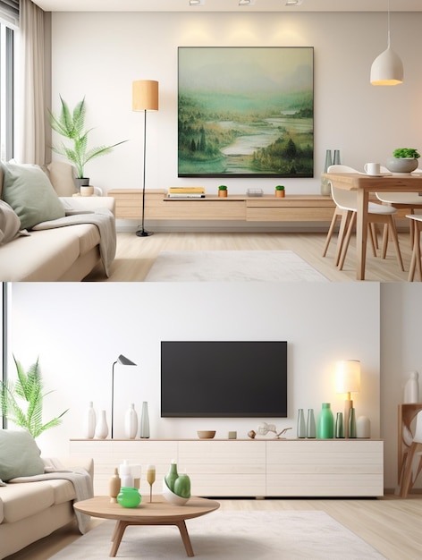 ci sono due immagini di un soggiorno con una TV e un tavolo generativo ai