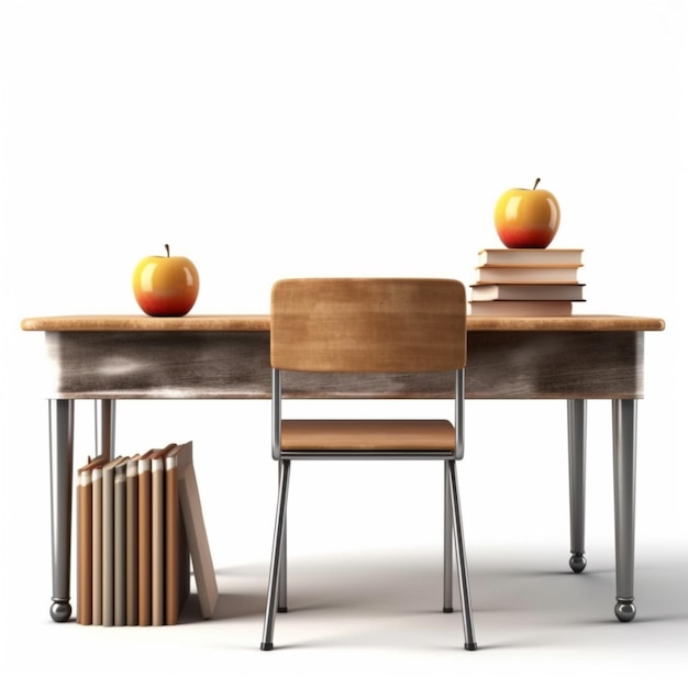 Ci sono due mele sulla scrivania con libri e una sedia generativa ai