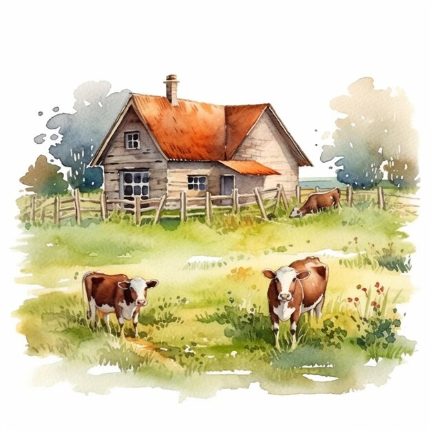 Ci sono due mucche in piedi in un campo vicino a una casa generativa ai