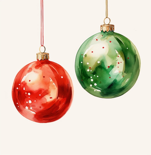 ci sono due ornamenti di Natale appesi da una corda su uno sfondo bianco generativo ai