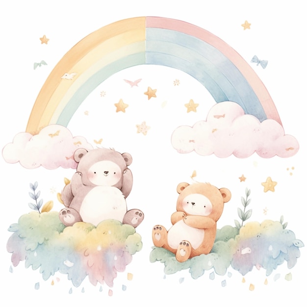 Ci sono due orsacchiotti seduti su una collina sotto un arcobaleno generativo ai