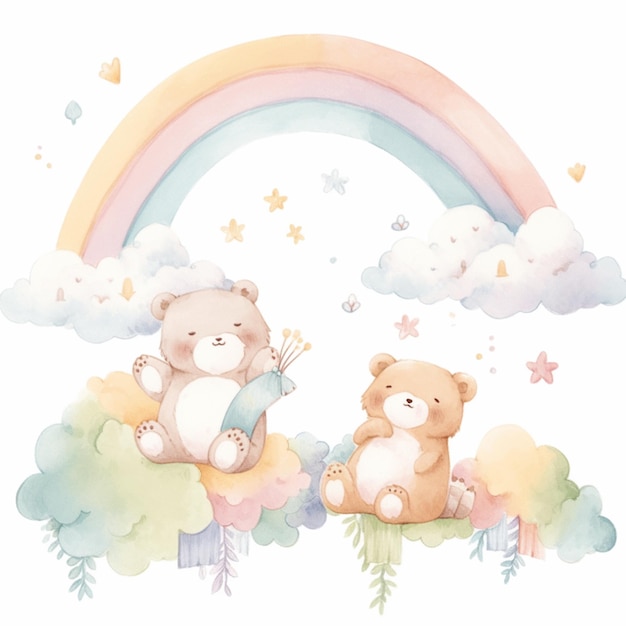 Ci sono due orsacchiotti seduti su una nuvola con un arcobaleno sullo sfondo generativo ai