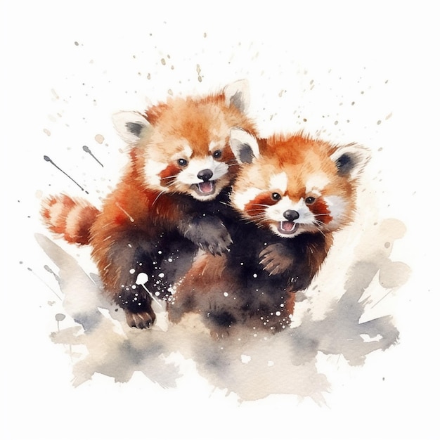 Ci sono due panda rossi che stanno giocando insieme nella neve generativa ai