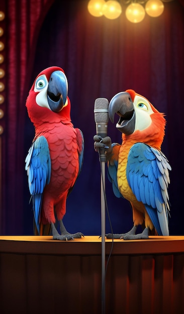 ci sono due pappagalli in piedi su un palco generativo ai
