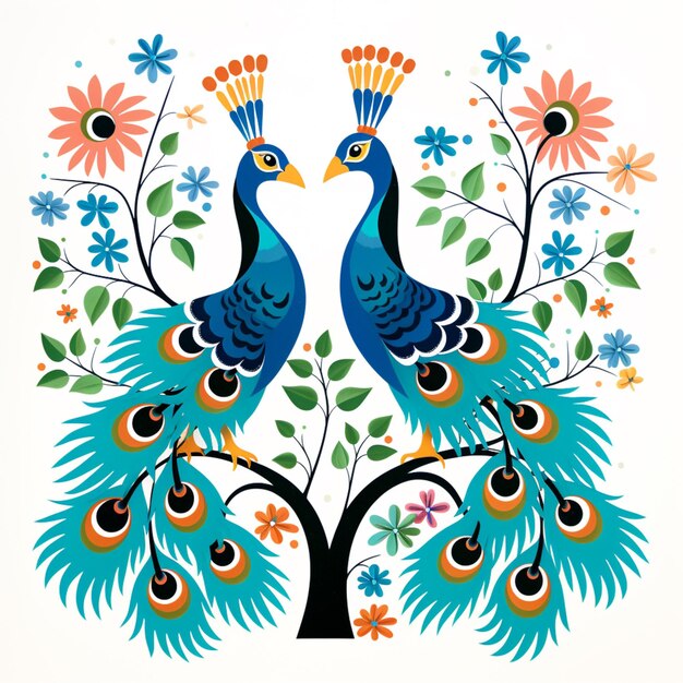 ci sono due pavoni seduti su un albero con fiori colorati generativo ai